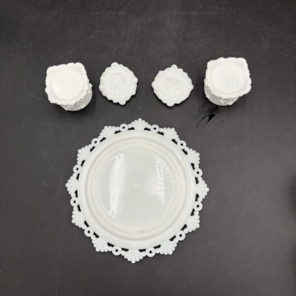 Lot Of 4 Antique Jenny Lind Fostoria Vanity Pieces Milk Glass & Dish